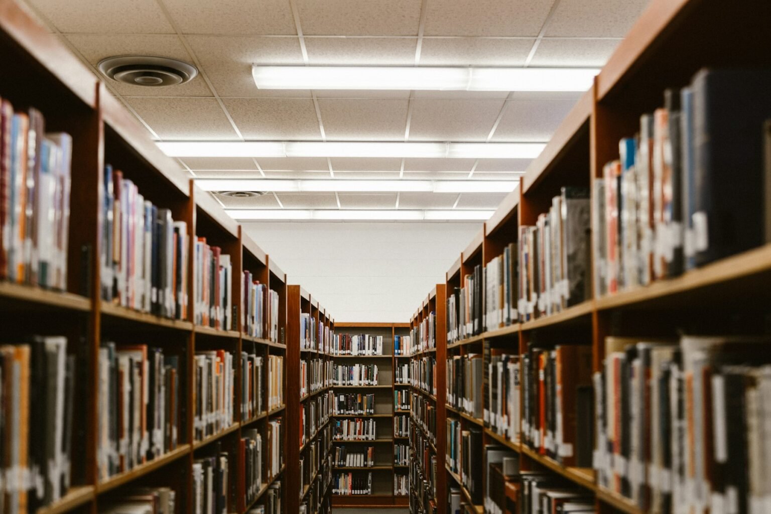 Shelves of books in a university library.